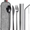 House Of Husk Reisbestek - Reis Bestekset - Chopsticks - Metalen Rietjes Met Borstel - Lepel - Vaatwasserbestendig - RVS - 7 Delig - Zwart