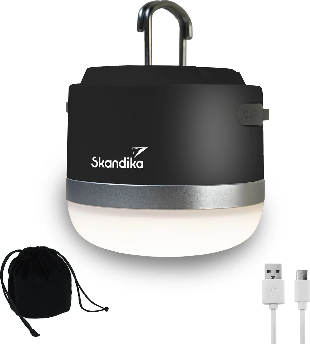 Skandika Campinglamp Tarfala – Tentlampen – Campinglampen – Kampeerlamp – Tentlamp Oplaadbaar, Traploos Dimbaar, Ophanghaak, USB Aansluiting – 3600 MAh Powerbank – Warm Wit, Koel Wit, 110 H Batterij – Tentlamp Buiten – Energieklasse A ++ - Zwart