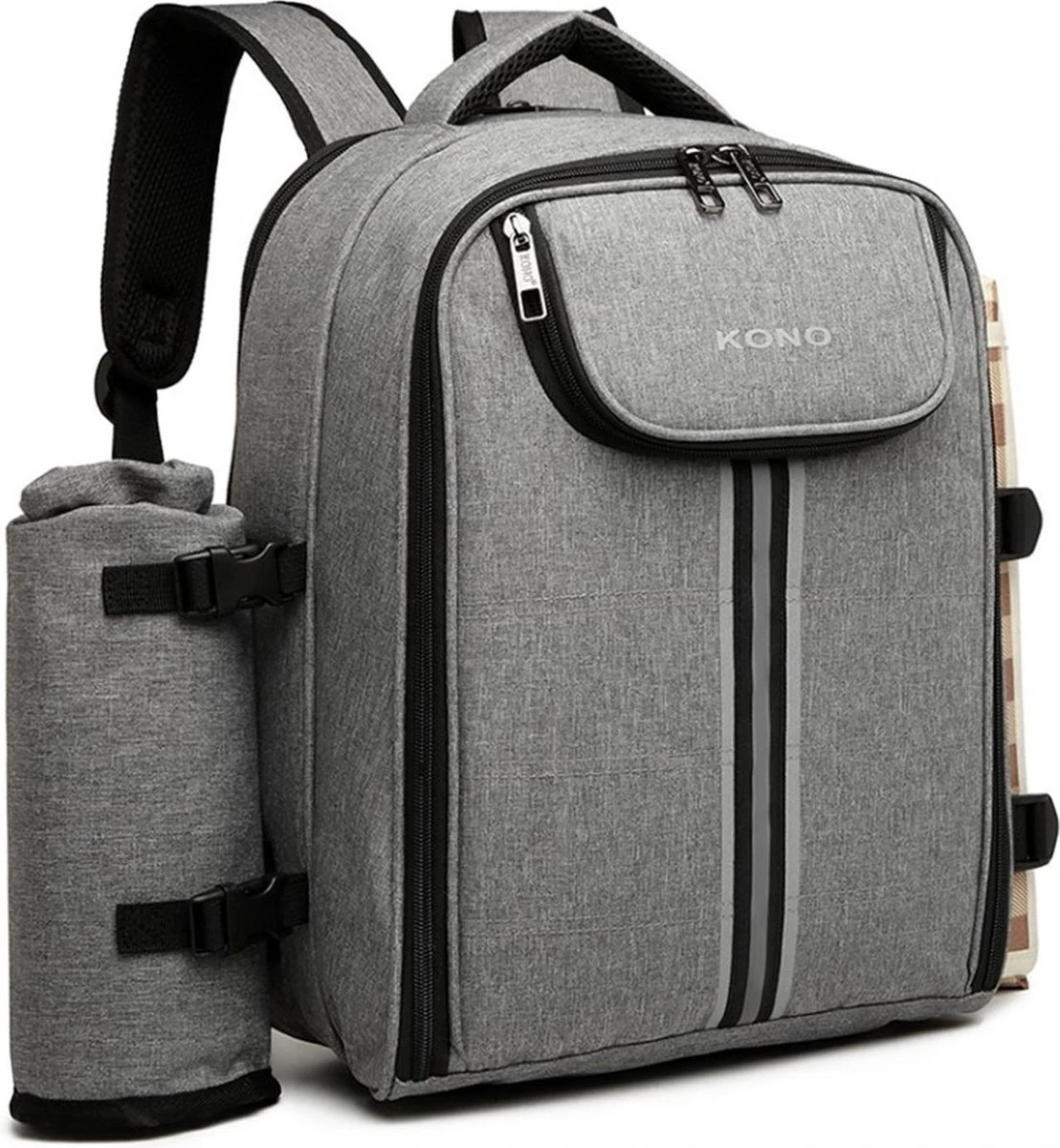 Kono Koeltas - Koelrugzak - Picknick - Picknicktas Met Flessenhouder - Koelrugtas Met Picknickkleed - Grijs (E6915 GY) - Afbeelding 8