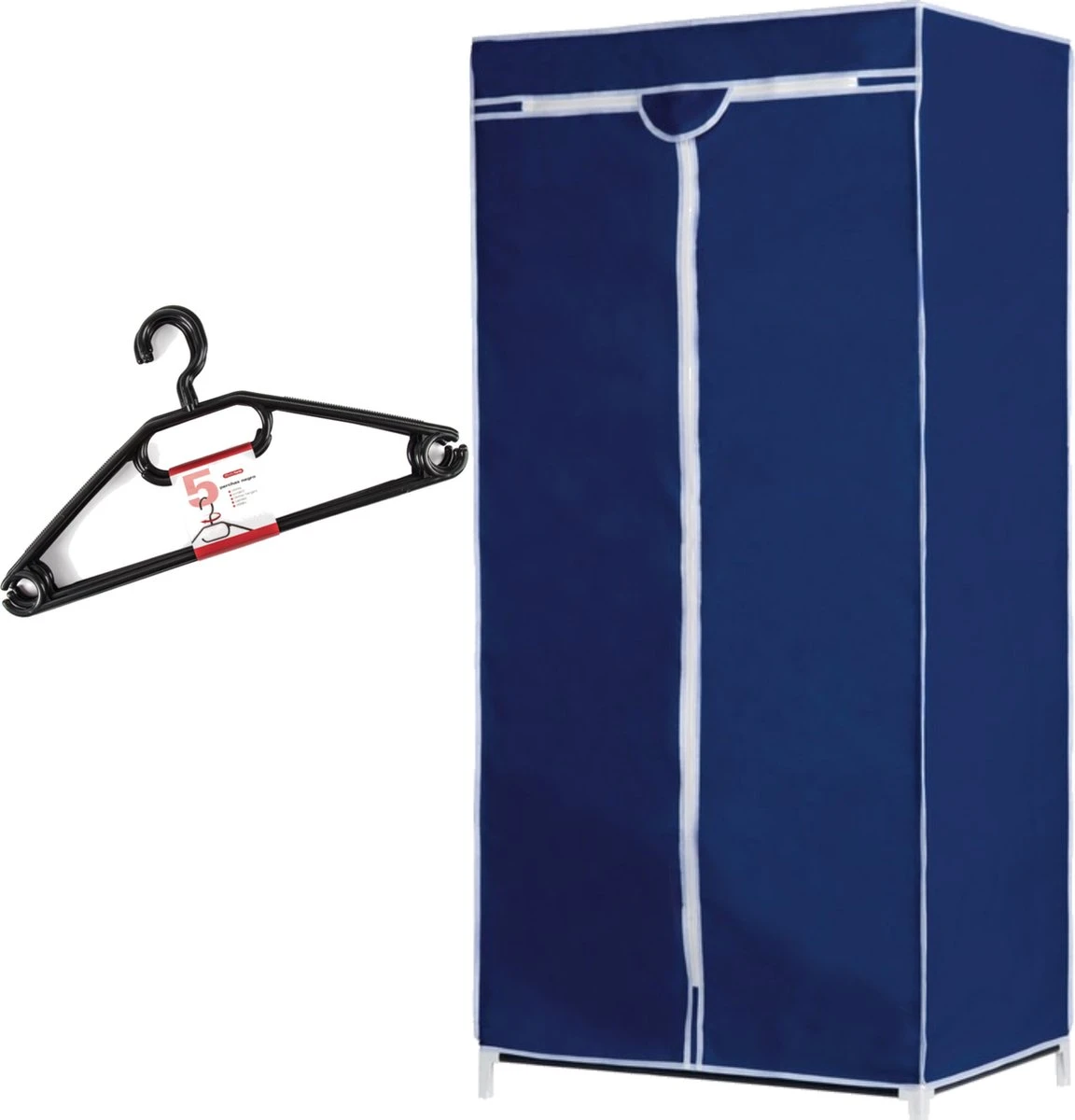 Merkloos Set Van Mobiele Opvouwbare Kledingkast Met Blauwe Hoes 160 Cm En 5x Plastic Kledinghangers Zwart