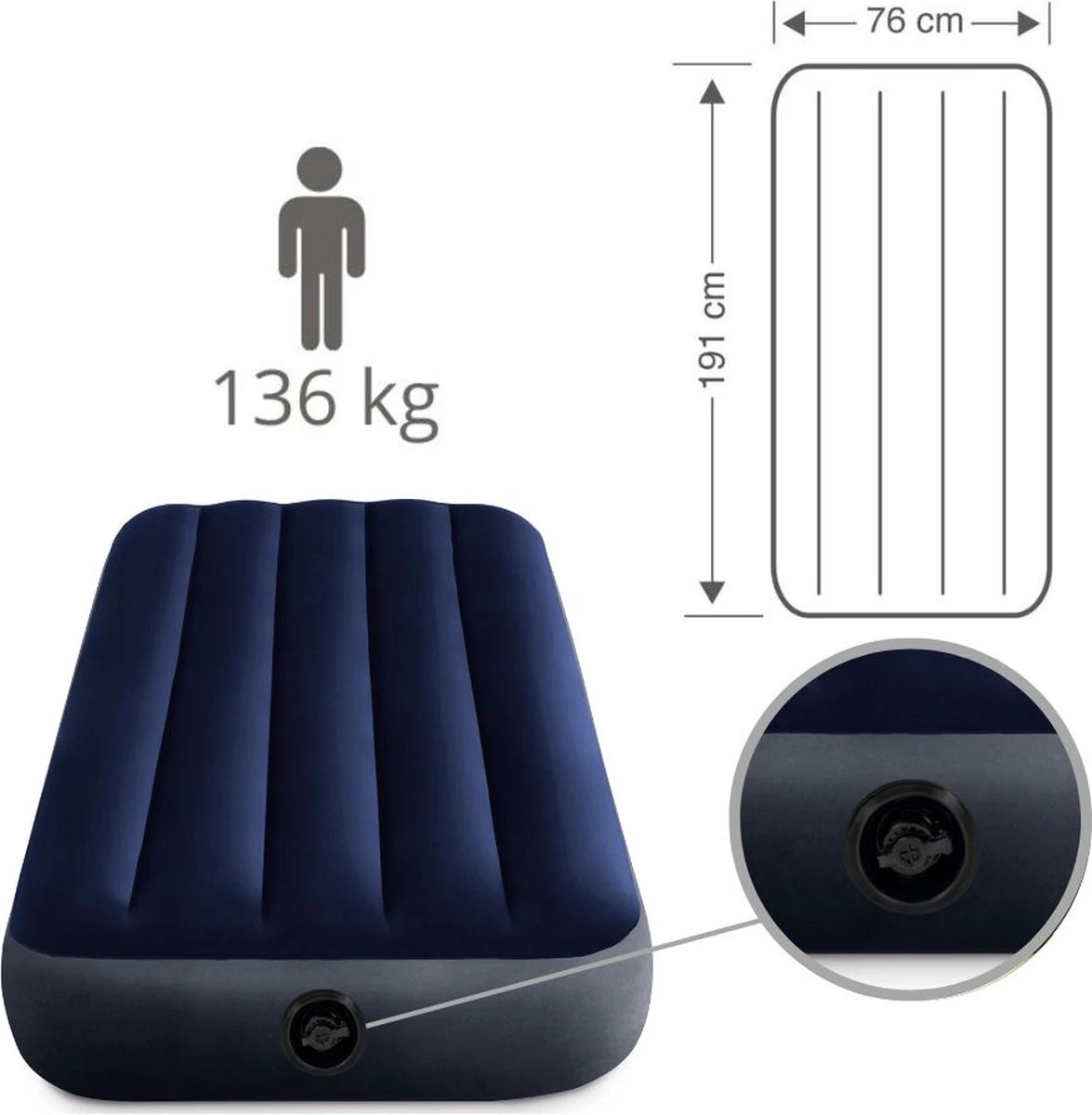 Intex Luchtbedset Intex Luchtbed - 1-Persoons - 76 X 191 X 25 Cm - Blauw + Intex Elektrische Pomp - 650 Liter/min + Hoeslaken Antraciet + Reparatieset - Afbeelding 8