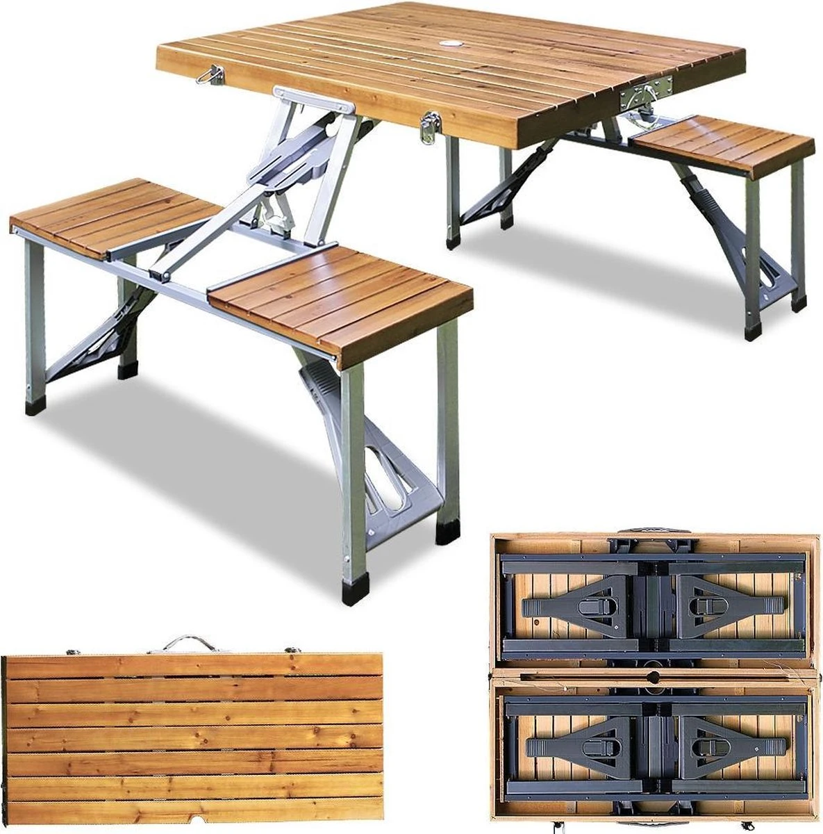 Merkloos Deuba Picknicktafel Campingtafel - Opvouwbaar Voor 4 Personen - Hout En Aluminium - Afbeelding 2