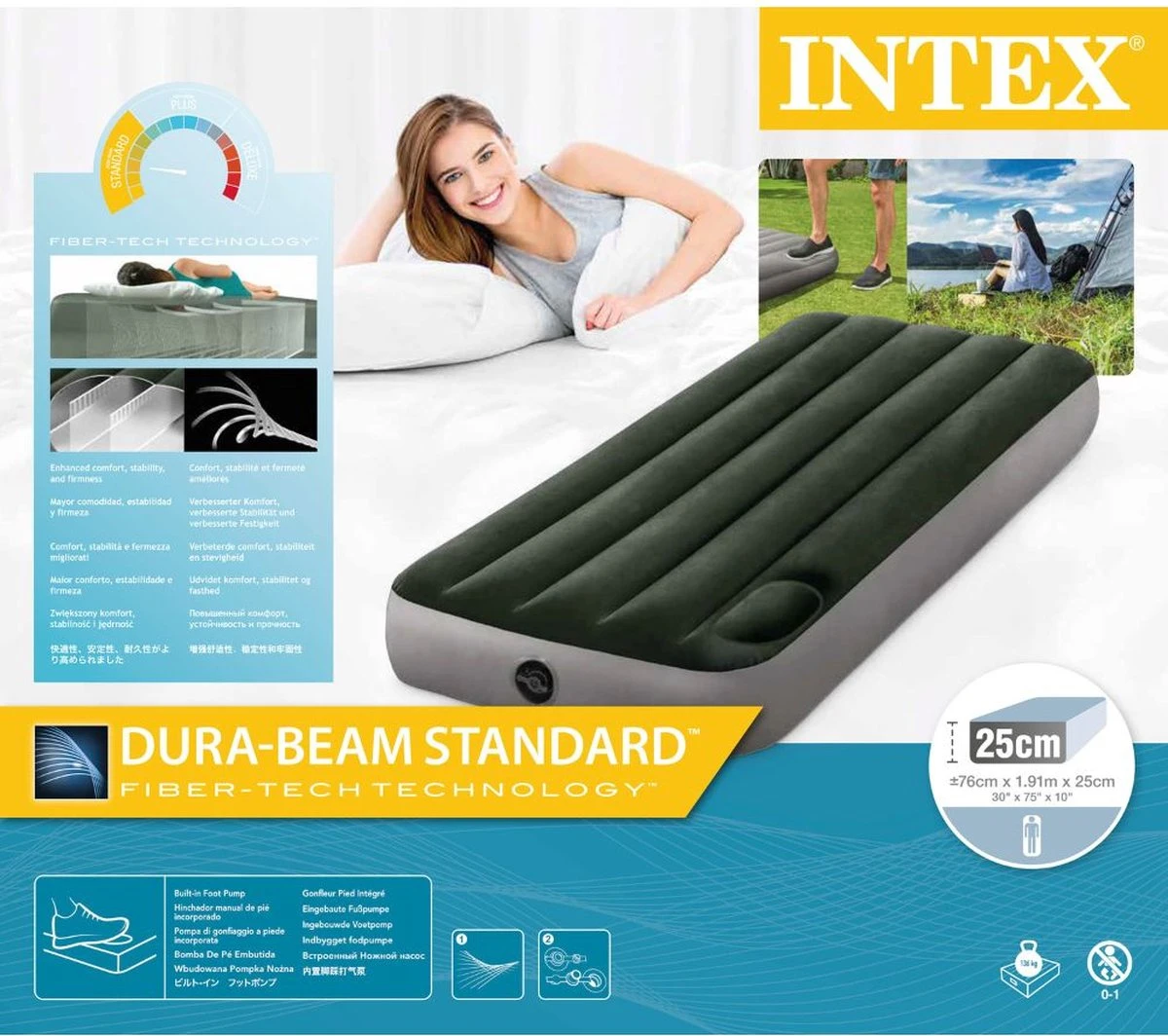 Intex Luchtbed - 1-Persoons - 76 X 191 X 25 Cm - Groen - Met Ingebouwde Voetpomp + Hoeslaken Antraciet + Reparatieset - Afbeelding 5