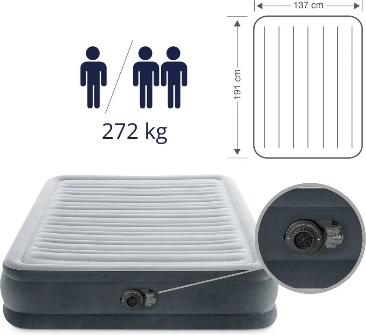 Intex Luchtbed - Twijfelaar - 137 X 191 X 33 Cm - Grijs - Met Ingebouwde Pomp, Hoeslaken Antraciet En Reparatieset - Afbeelding 5