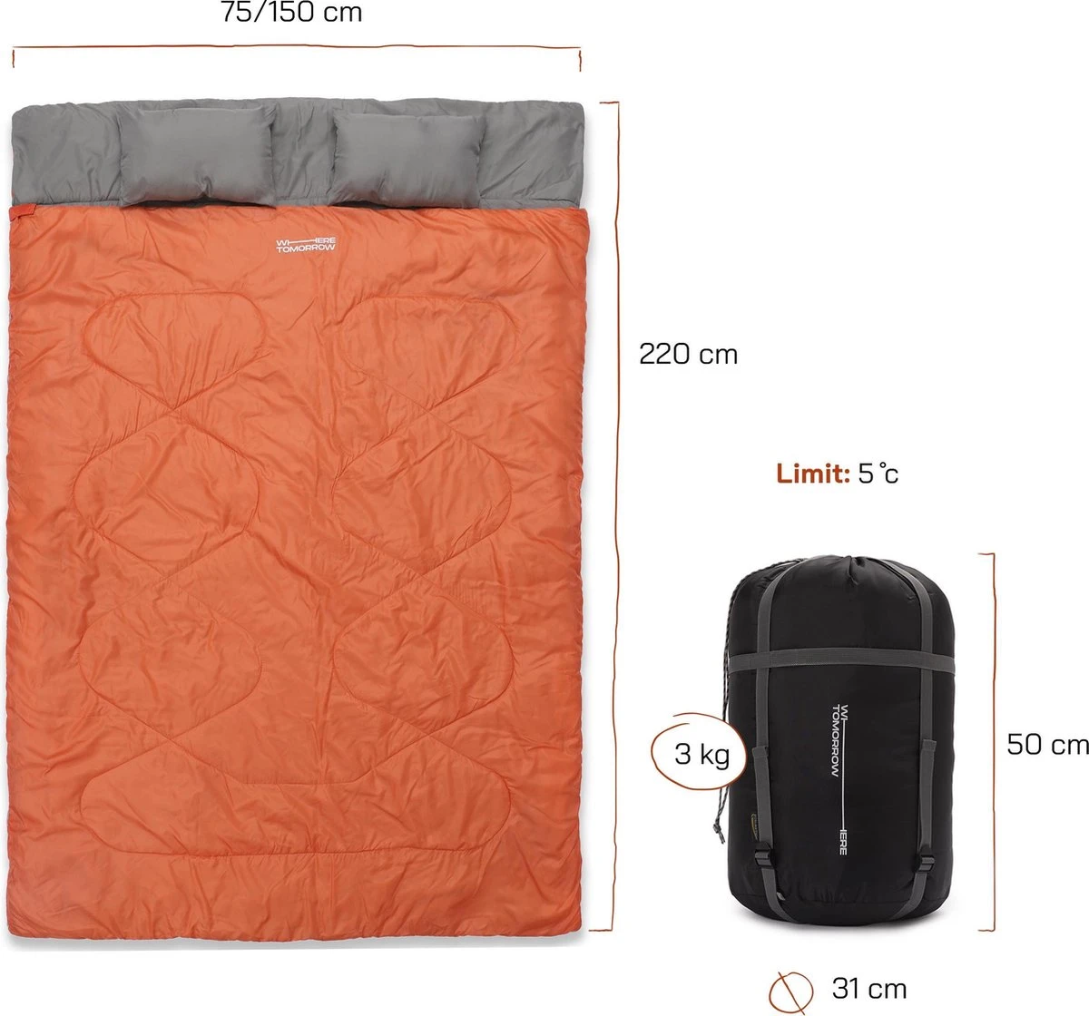 Where Tomorrow Double Slaapzak 220 X 150 Cm Diverse Kleuren - Oranje - Afbeelding 2