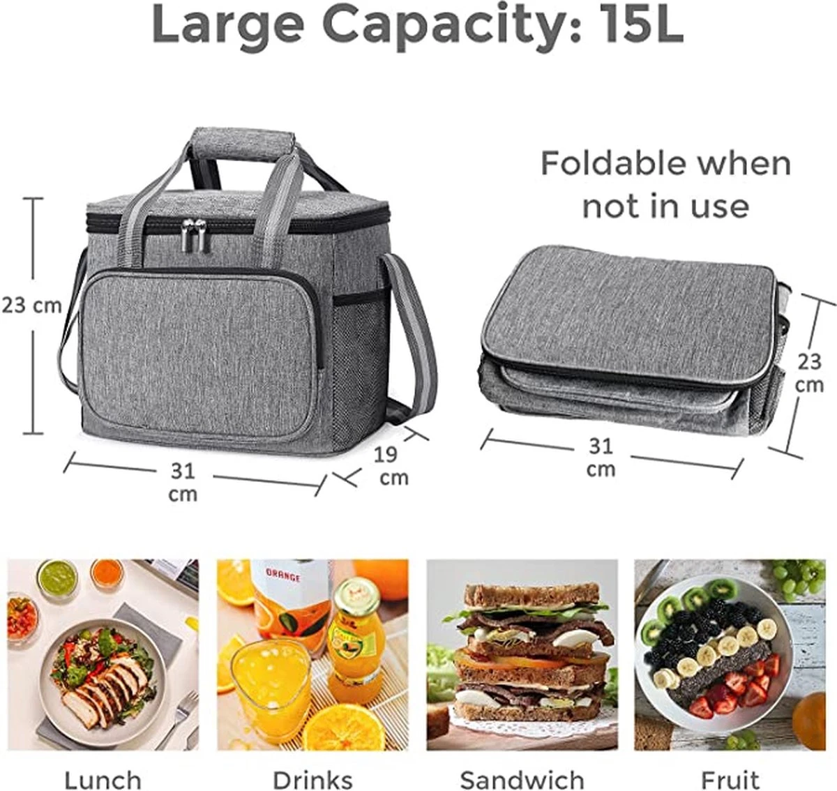 IBright Koeltas Opvouwbaar 15 Liter - 4 Laags Geïsoleerde Lunchtas - Waterdicht - Zwart - Afbeelding 9