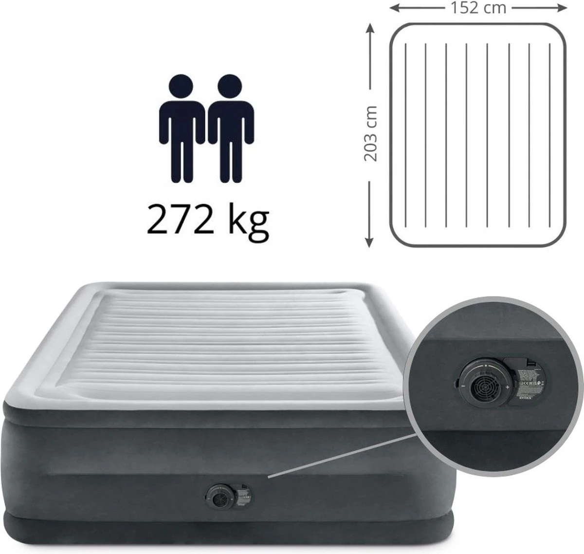 Intex Luchtbed - 2-Persoons - 152 X 203 X 33 Cm - Grijs - Met Ingebouwde Pomp, Hoeslaken Wit En Reparatieset - Afbeelding 6