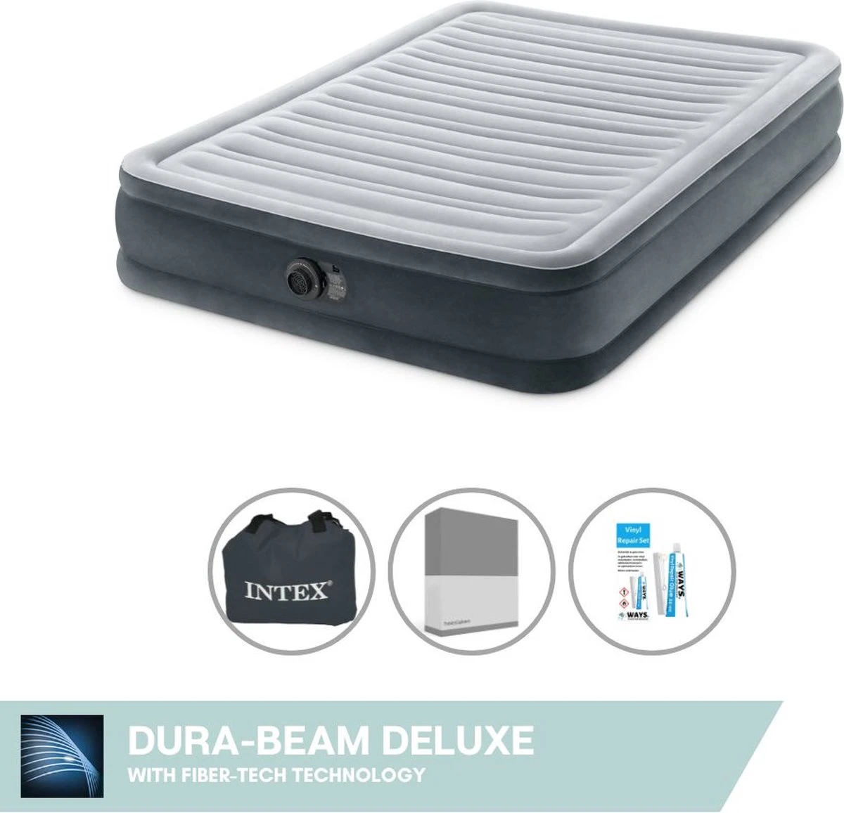 Intex Luchtbed - Twijfelaar - 137 X 191 X 33 Cm - Grijs - Met Ingebouwde Pomp, Hoeslaken Antraciet En Reparatieset