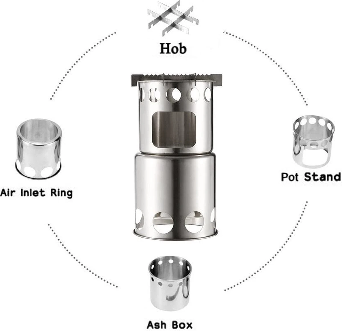 Merkloos Campingkooktoestel, Houtkachel, Draagbaar, Roestvrij Staal, Hobo-kooktoestel Met Opbergzak, Voor Barbecue, Camping, Picknick, Wandelen - Afbeelding 3