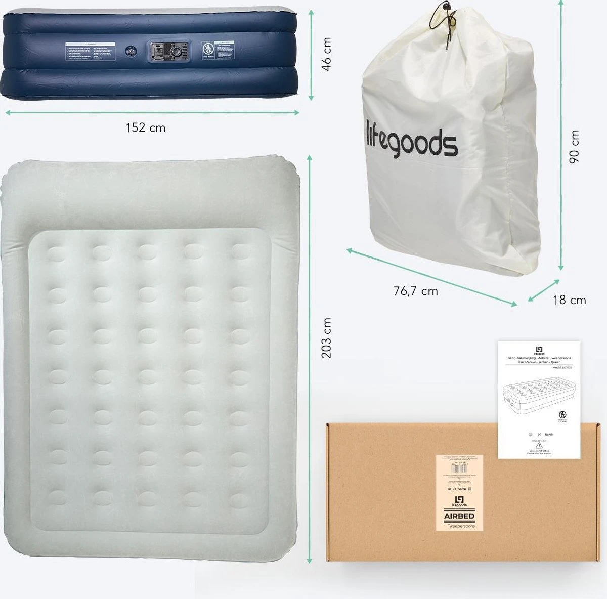 LifeGoods Luchtbed - 2 Persoons - Met Ingebouwde Pomp - Incl. Draagtas En Reparatiekit - Afbeelding 10