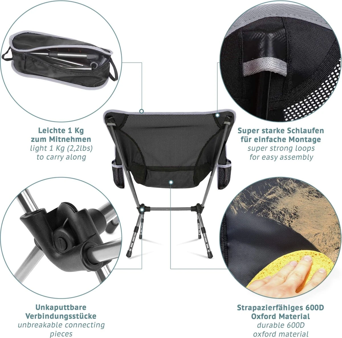 Smartpeas Campingstoel Van Stevig 600D Polyester En Aluminium - Lichtgewicht En Opvouwbaar - Camping Gadget Inclusief Zijzakken +Plus: Strandmat & Draagtas - Afbeelding 3