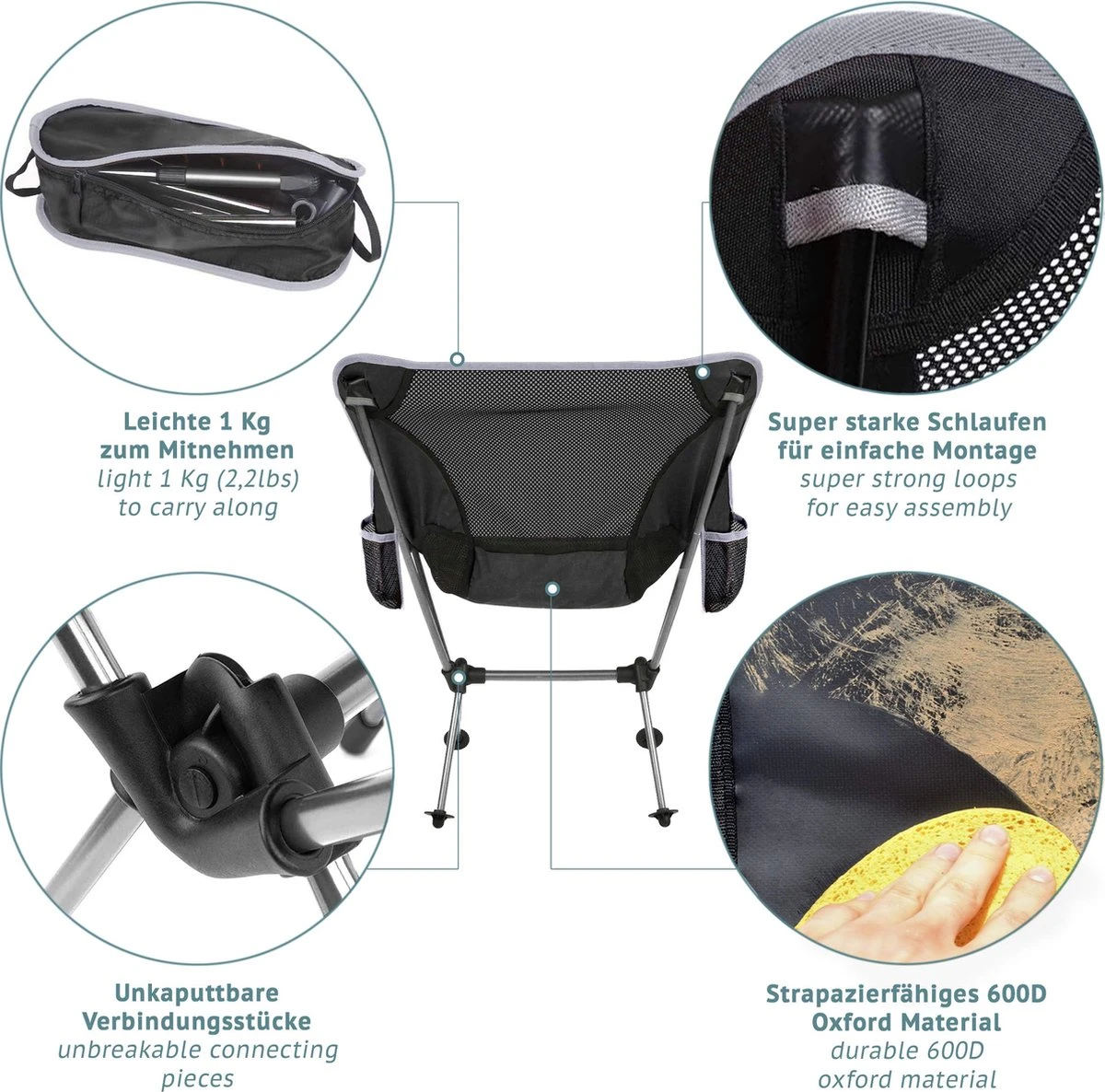 Smartpeas Camping Stoel Van Stevig 600D Polyester En Aluminium - Lichtgewicht En Opvouwbaar - Camping Gadget Inclusief Zijzakken +Plus: Strandmat & Draagtas - Afbeelding 3