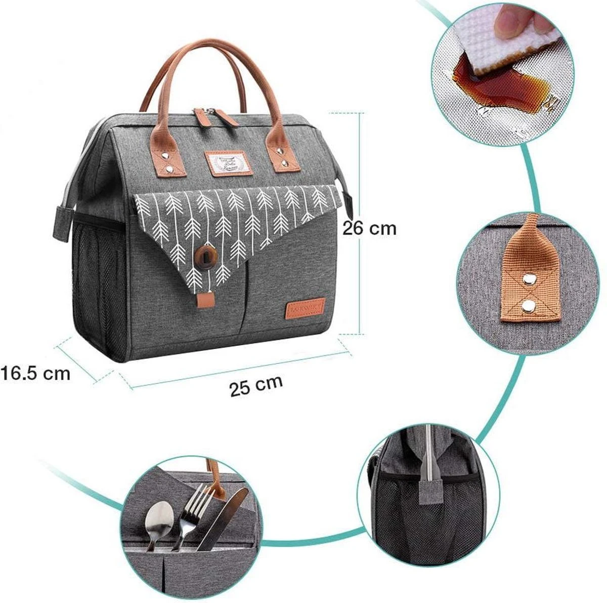 HN® Lunchtas Grijs Pijlen, Geïsoleerde Koeltas, Lekvrij, Extra Grote Opening Voor De Lunch Box, 25×16,5×26cm Design Heren En Dames - Afbeelding 2