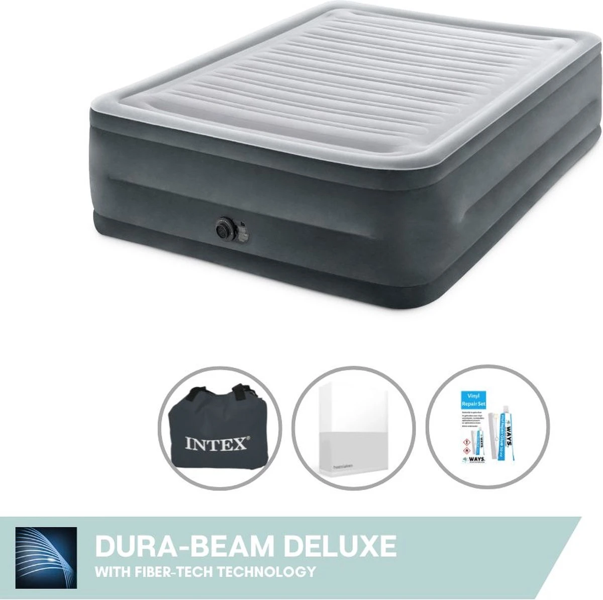 Intex Luchtbed - 2-Persoons - 152 X 203 X 33 Cm - Grijs - Met Ingebouwde Pomp, Hoeslaken Wit En Reparatieset