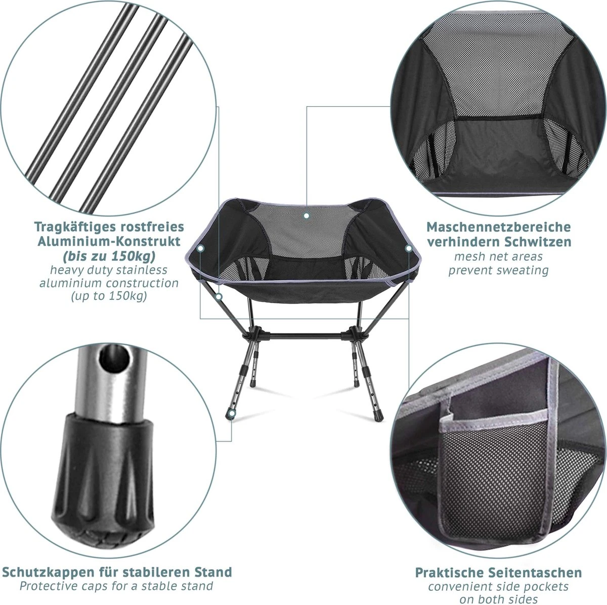 Smartpeas Campingstoel Van Stevig 600D Polyester En Aluminium - Lichtgewicht En Opvouwbaar - Camping Gadget Inclusief Zijzakken +Plus: Strandmat & Draagtas - Afbeelding 2