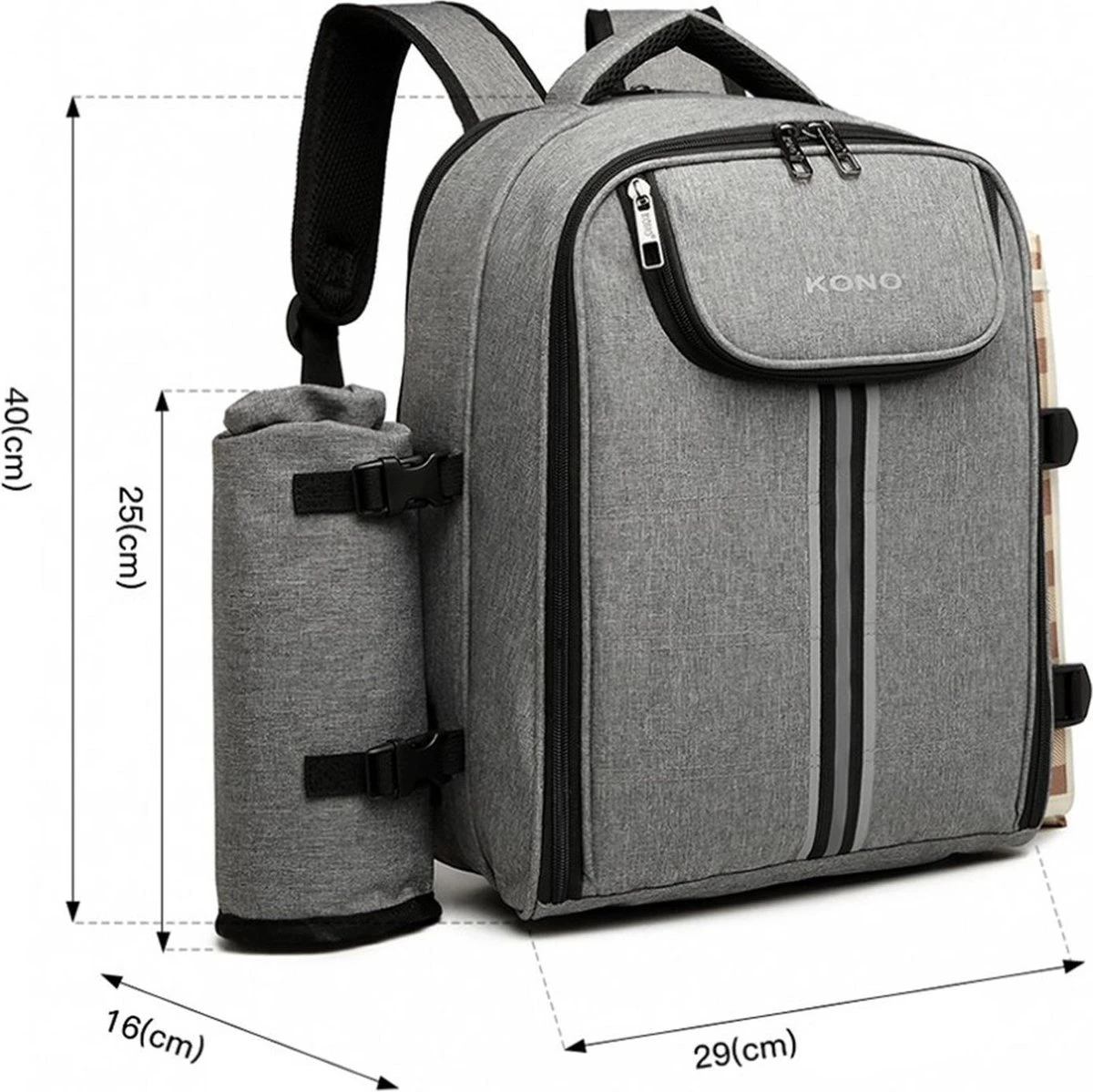 Kono Koeltas - Koelrugzak - Picknick - Picknicktas Met Flessenhouder - Koelrugtas Met Picknickkleed - Grijs (E6915 GY) - Afbeelding 4