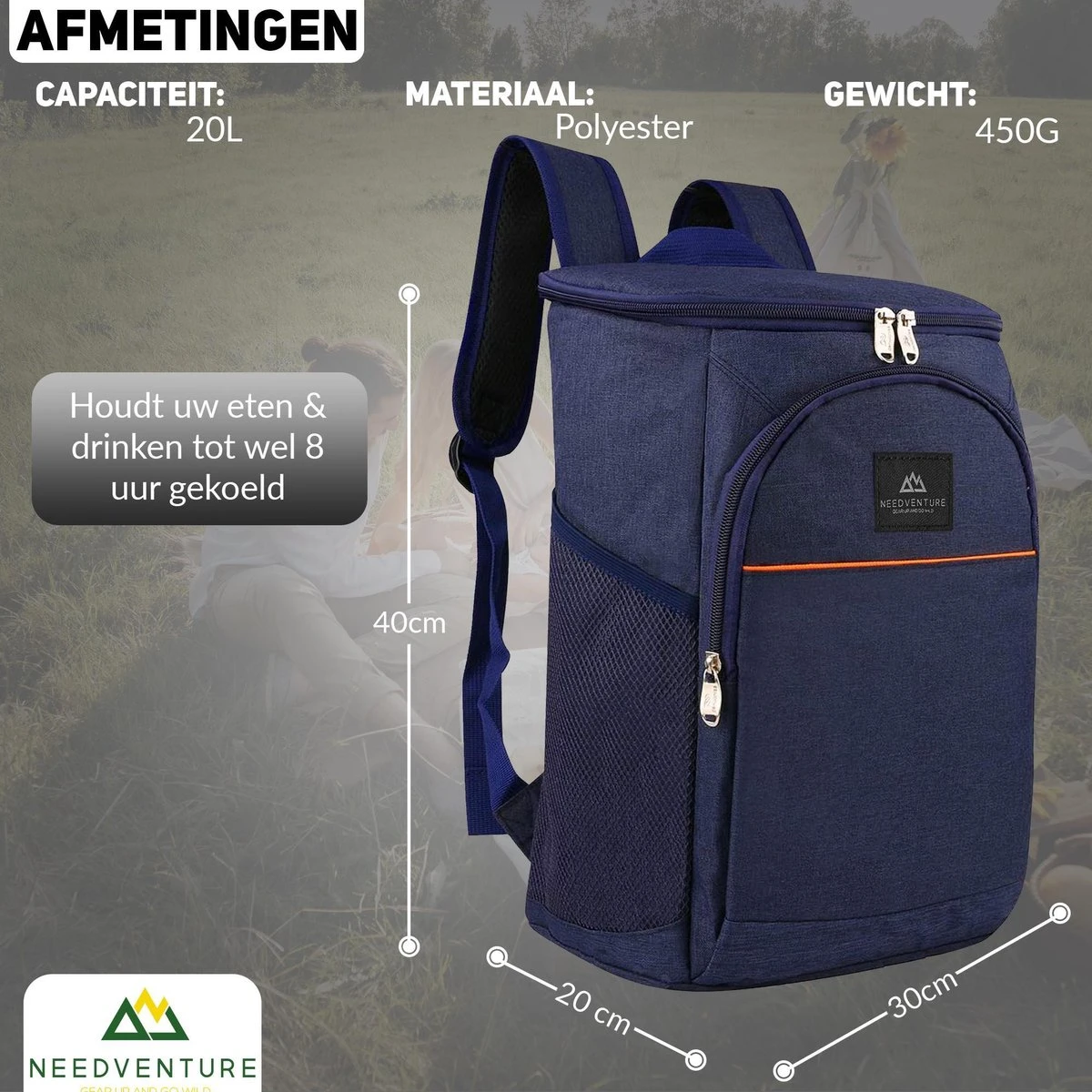 Needventure Koeltas - Lunchtas - Koelrugtas - Picknicktas - 20 Liter - Flessenhouder - Bieropener - Blauw - Afbeelding 4
