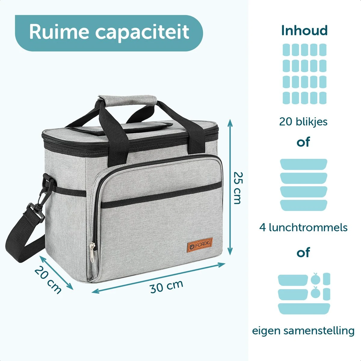 ForDig Koeltas L Grijs (15 Liter) - Gemaakt Van 600D Polyester Met PEVA-Voering - Ruimte Voor 20 Blikjes Of 10 Halve Liter Flessen - Opvouwbaar Koel Tas Met Easy-Acces Flap - Ruimte Voor Bestek - Picknick Cool Bag - Coolerbag - Grote Cooler - Afbeelding 2