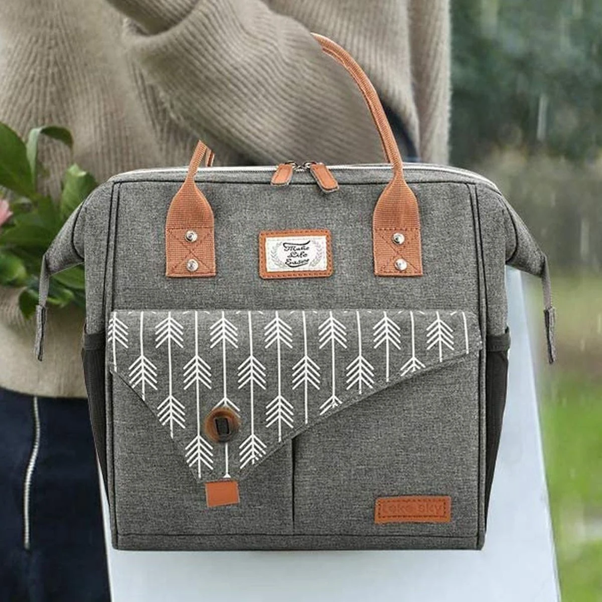 HN® Lunchtas Grijs Pijlen, Geïsoleerde Koeltas, Lekvrij, Extra Grote Opening Voor De Lunch Box, 25×16,5×26cm Design Heren En Dames - Afbeelding 3