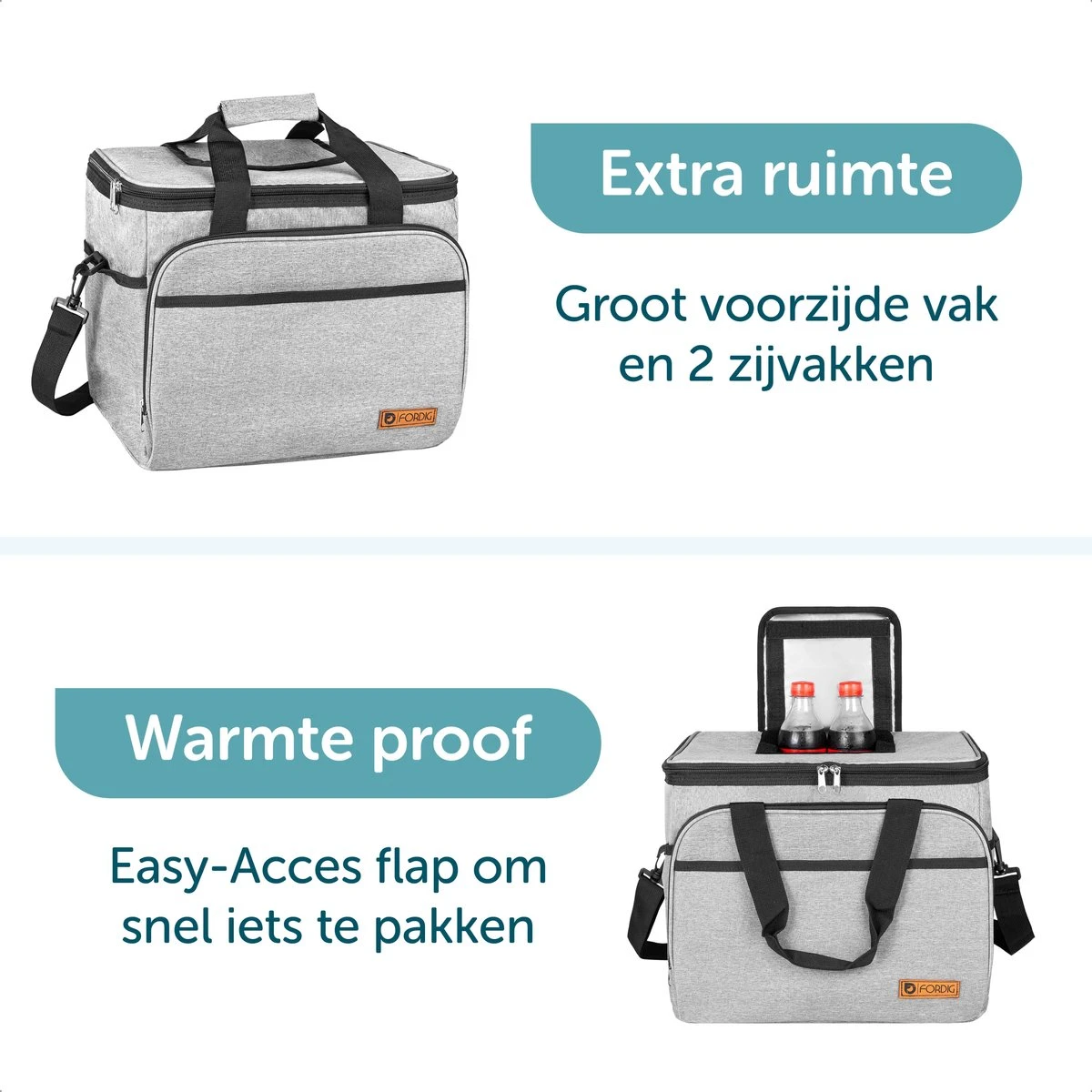 ForDig Koeltas XL Grijs (30 Liter) - Gemaakt Van 600D Polyester Met PEVA-Voering - Ruimte Voor 40 Blikjes Of 20 Halve Liter Flessen - Opvouwbaar Koel Tas Met Easy-Acces Flap - Ruimte Voor Bestek - Picknick Cool Bag - Coolerbag - Grote Cooler - Afbeelding 6