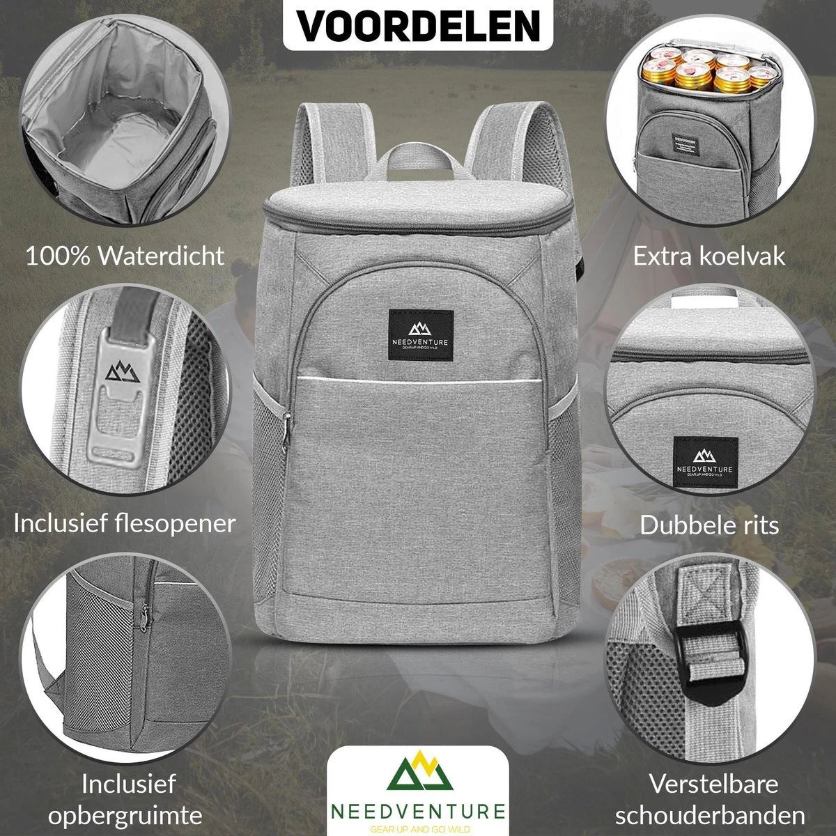 Needventure Koeltas - Lunchtas - Koelrugtas - Picknicktas - 20 Liter - Flessenhouder - Bieropener - Grijs - Afbeelding 4