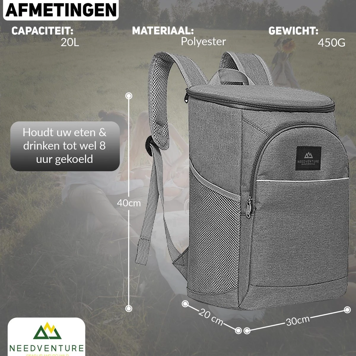 Needventure Koeltas - Lunchtas - Koelrugtas - Picknicktas - 20 Liter - Flessenhouder - Bieropener - Grijs - Afbeelding 5