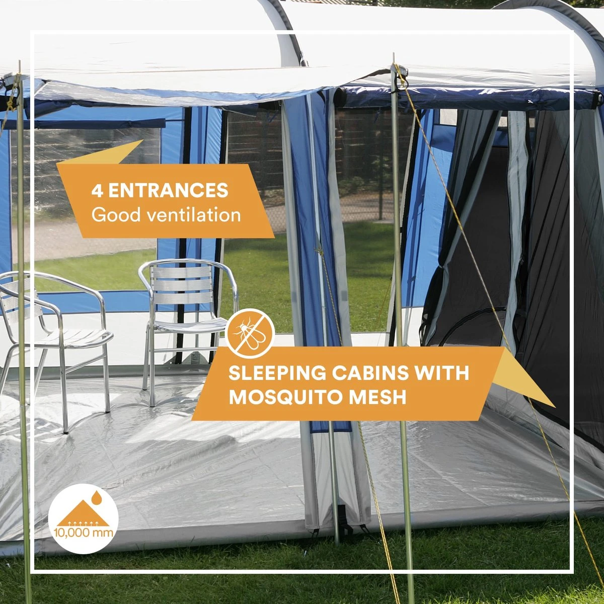 Skandika Montana 8 Tent – Tunneltenten – 8 Persoons Tent – Campingtent – 200 Cm Stahoogte – 2-4 Slaapcabines - Muggengaas – Familietent – 4 Ingangen – 700 X 310 X 200 Cm (L X B X H) - 5000 Mm Waterkolom – Outdoor, Camping – Kamperen – Blauw - Afbeelding 3