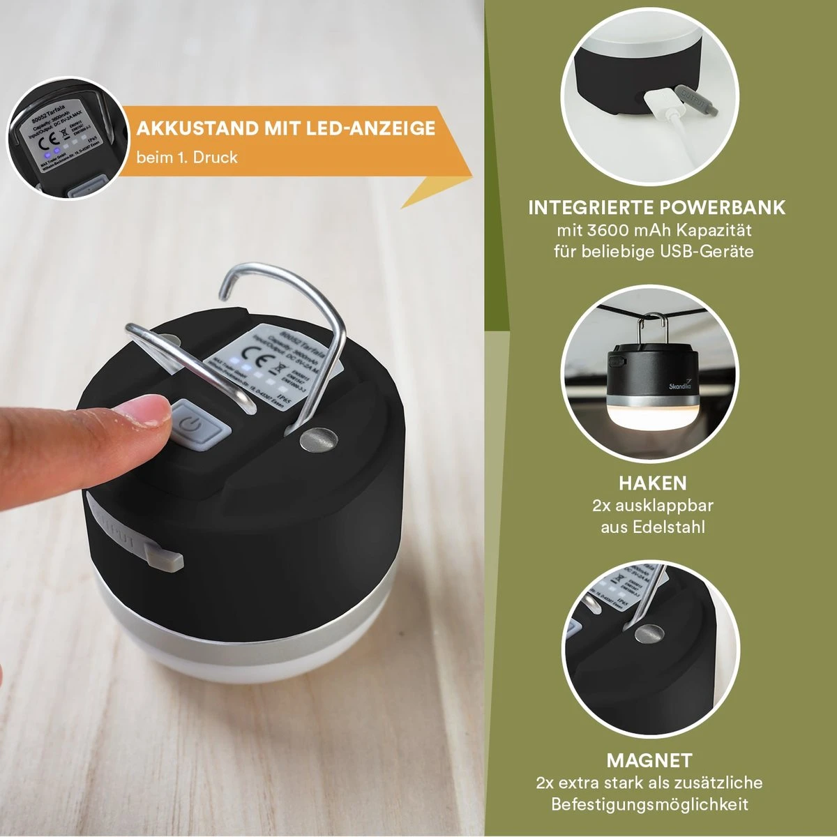 Skandika Campinglamp Tarfala – Tentlampen – Campinglampen – Kampeerlamp – Tentlamp Oplaadbaar, Traploos Dimbaar, Ophanghaak, USB Aansluiting – 3600 MAh Powerbank – Warm Wit, Koel Wit, 110 H Batterij – Tentlamp Buiten – Energieklasse A ++ - Zwart - Afbeelding 4