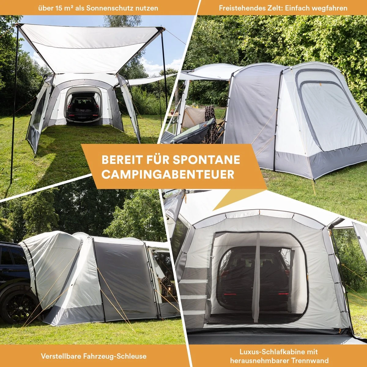 Skandika Pitea XL UP Tent – Koepeltenten - Autotent – 4 Persoons Campingtent Voor SUV, Caddy, Auto, CUV – Vrijstaand – Met/zonder Slaapcabine – Max. Stahoogte 200 Cm – Waterdicht Met 3000mm Waterkolom - 515 X 300 X 200 Cm (LxBxH) – Kamperen - Grijs - Afbeelding 4