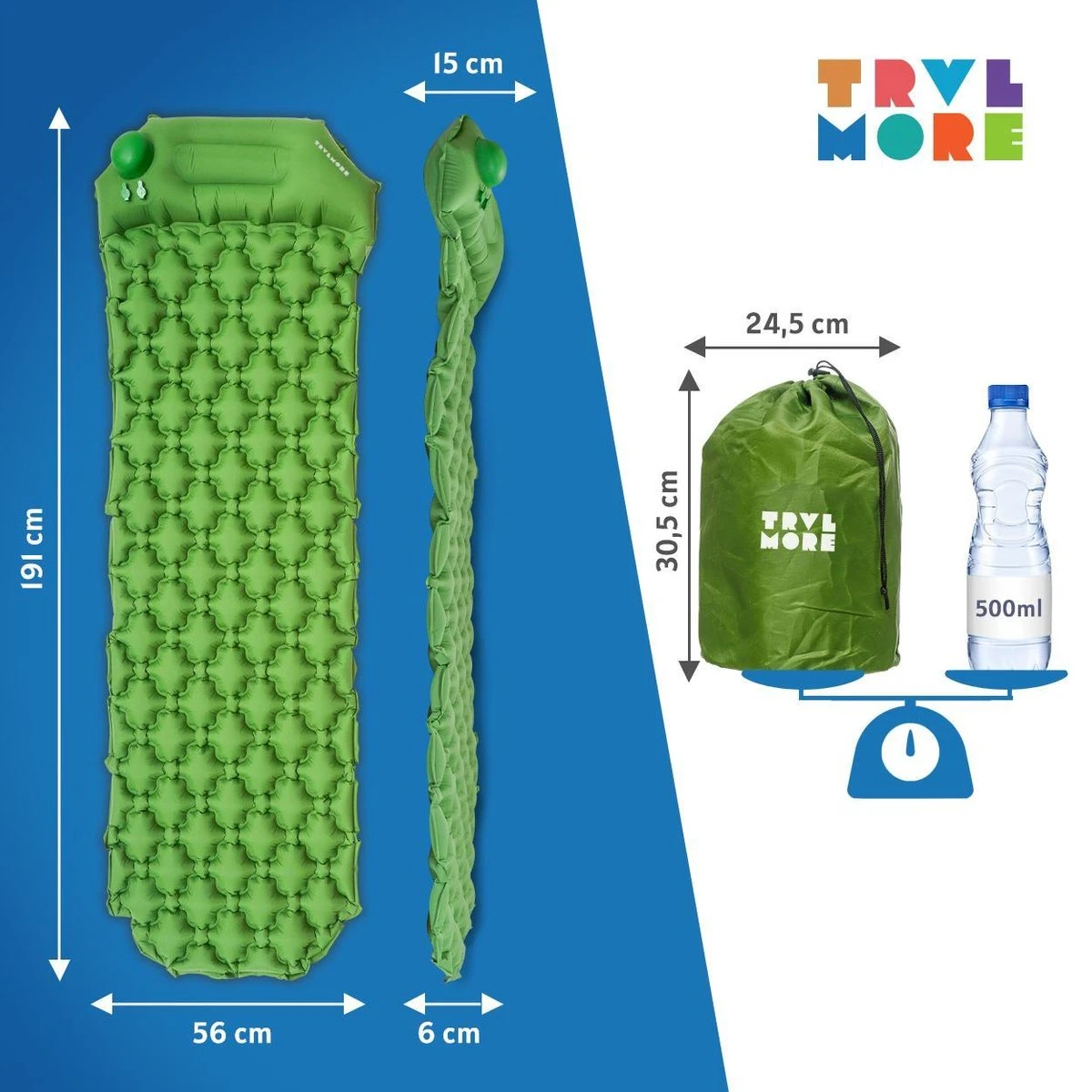 TRVLMORE Slaapmat - Zelfopblazend - 1 Persoons - Ingebouwde Pomp En Kussen - Groen - Afbeelding 6