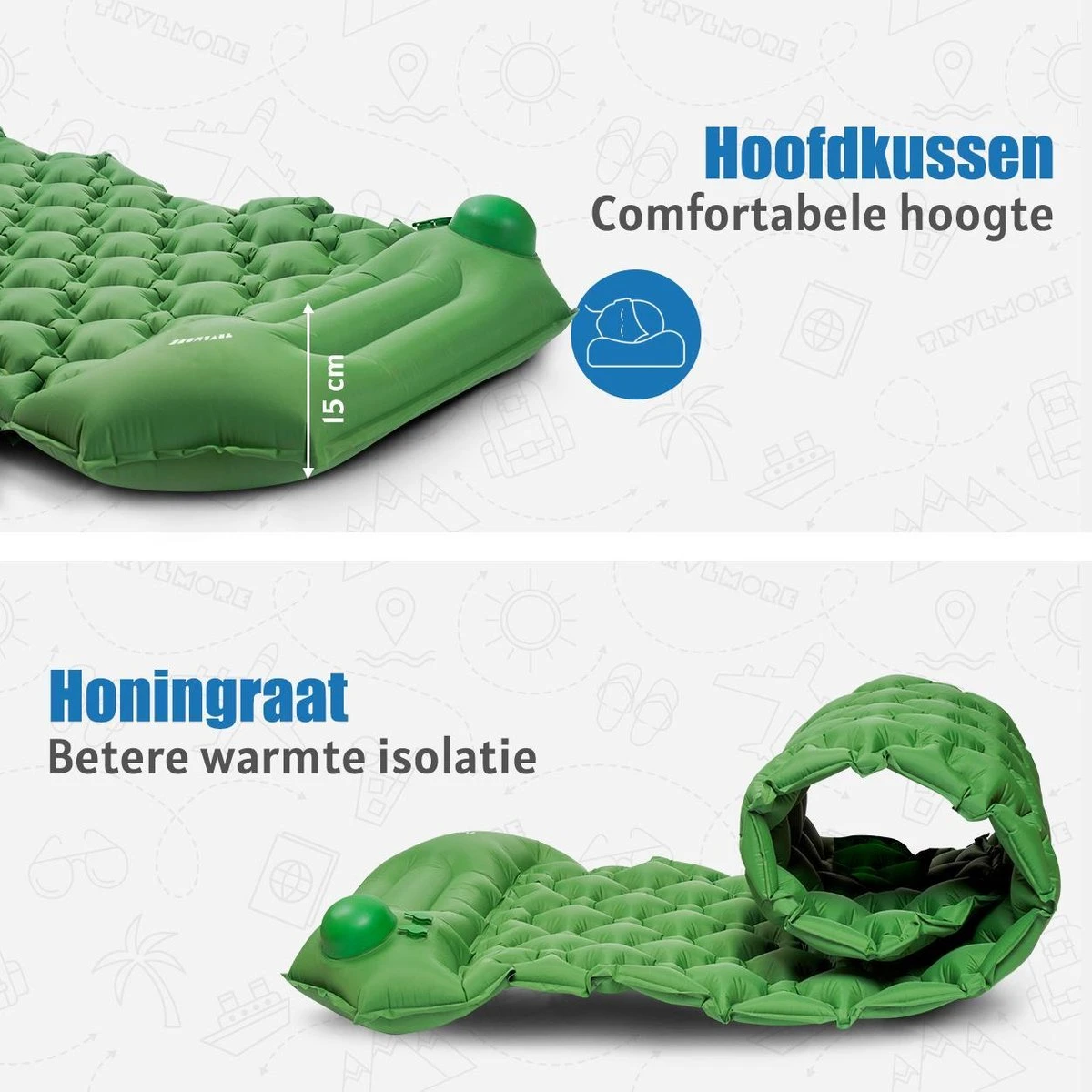 TRVLMORE Slaapmat - Zelfopblazend - 1 Persoons - Ingebouwde Pomp En Kussen - Groen - Afbeelding 9