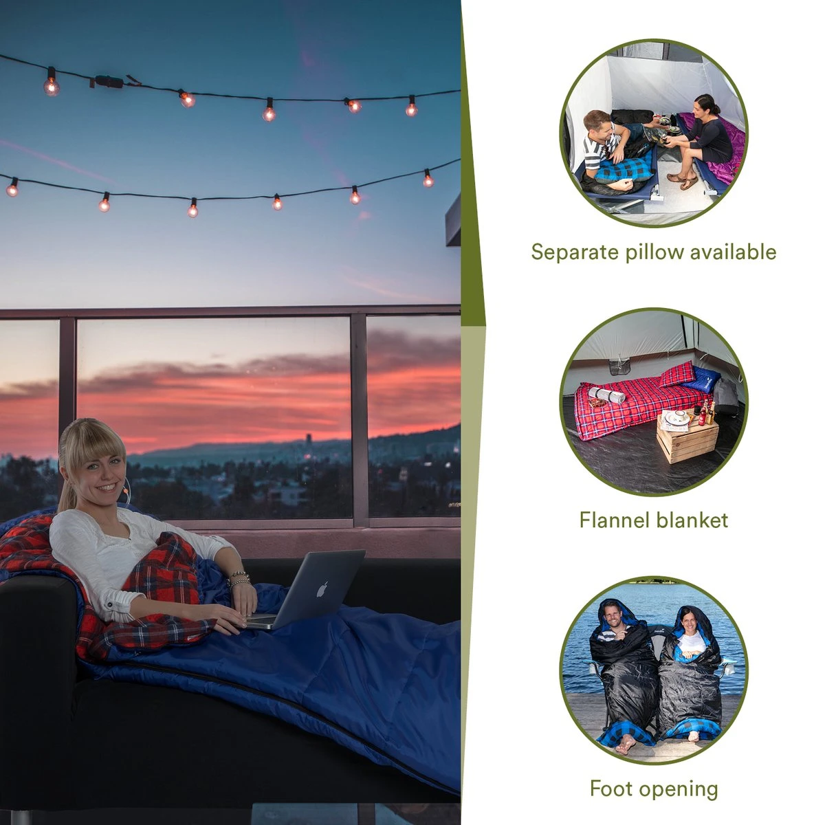 Skandika Dundee Flannel-L Slaapzak – Mummmieslaapzakken – Slaapzakken Volwassen - Maat M – Unisex - Katoen, Luxe Kwaliteit, Dubbele Slaapzak, 3 Seizoenen, Tot -20°C - 220 X 80 Cm - Outdoor Kampeerslaapzak – Ritssluiting Links - Zwart/blauw - Afbeelding 4