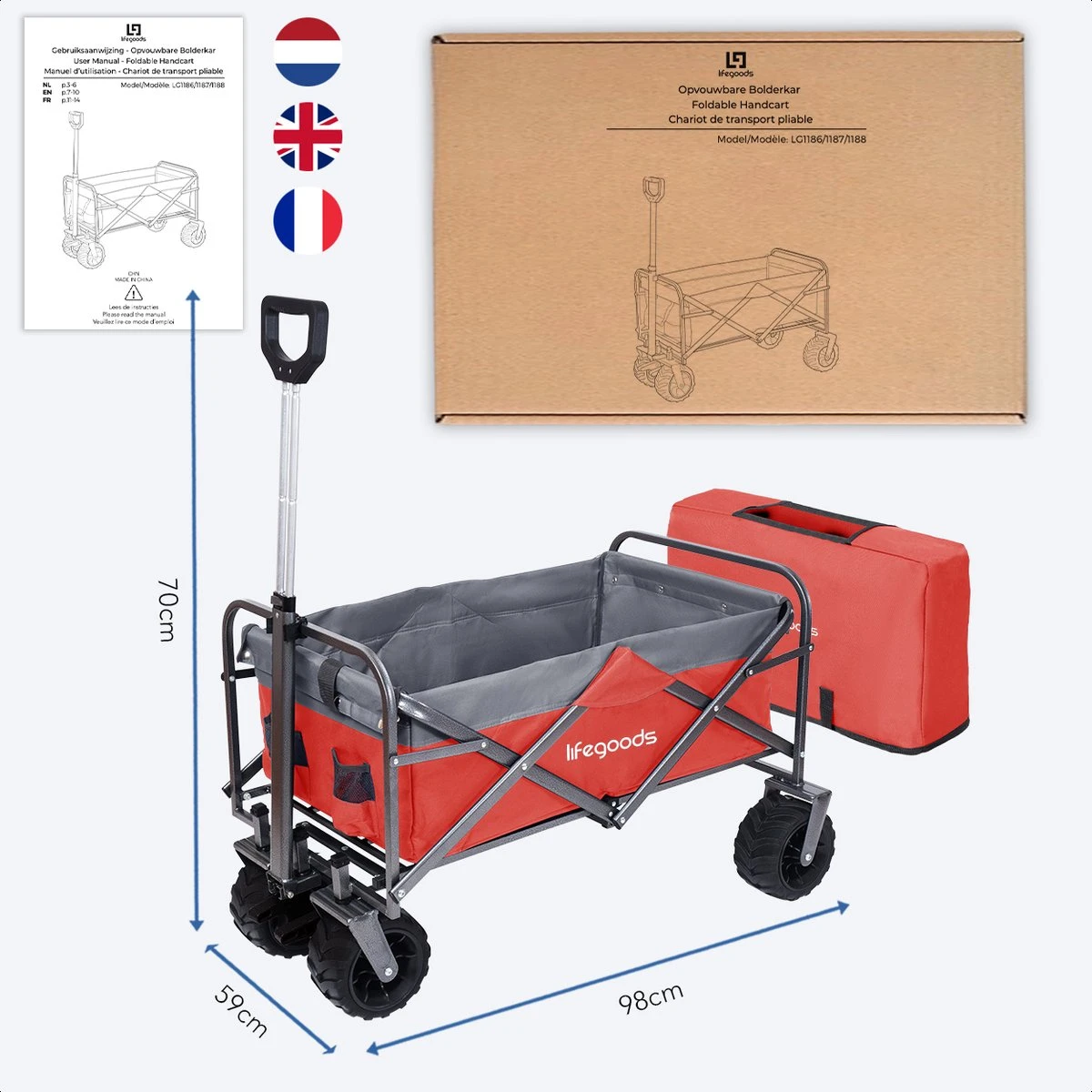 LifeGoods Bolderkar - Opvouwbaar - Tot 80KG - 94L - Wasbaar Polyester - 98x45cm - Rood/Grijs - Afbeelding 6