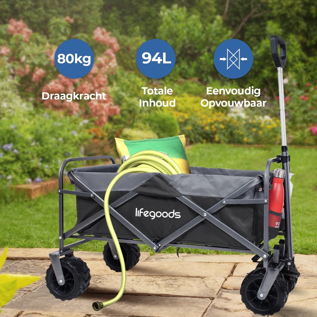 LifeGoods Bolderkar - Opvouwbaar - Tot 80KG - 94L - Wasbaar Polyester - 98x45cm - Zwart/Grijs - Afbeelding 2