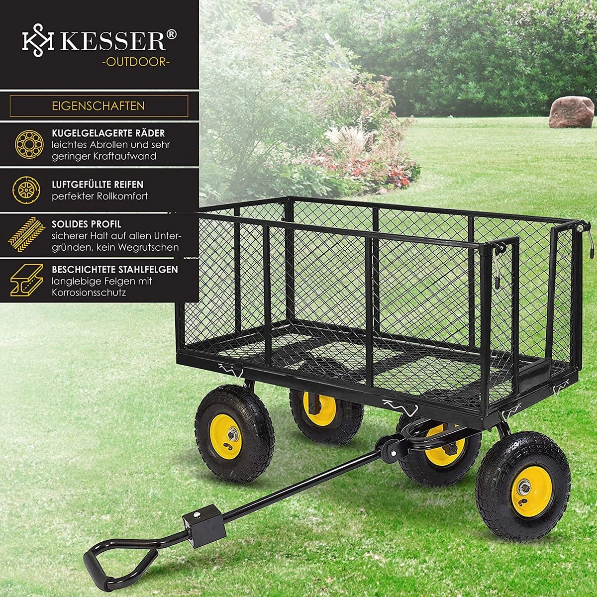 Exxen KESSER® Bolderkar, 550 Kg Belastbaar, Tuinwagen, Transportwagen, Tuinwagen, Uitneembaar Zeil, Gereedschapswagen, Handwagen, Veelzijdig Inzetbaar, Zwart - Afbeelding 3