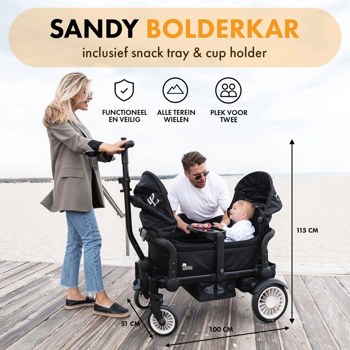 Deryan Luxe Sandy Bolderkar - Duo Buggy - Tandem Buggy - Opvouwbaar - Inklapbare Bolderwagen - Duo Kinderwagen - Zwart - Afbeelding 2