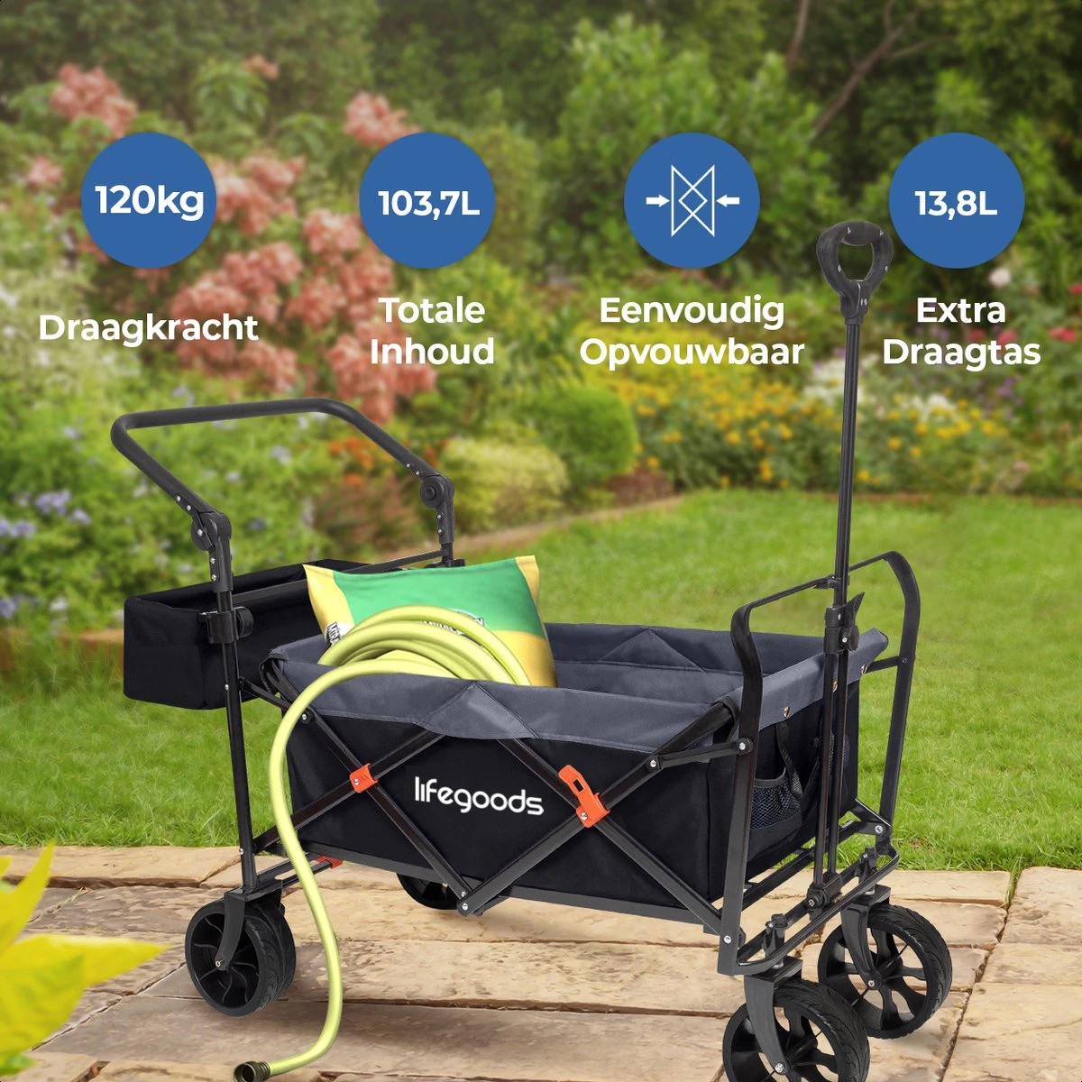 LifeGoods Bolderkar - Opvouwbaar - Tot 120KG - 103L - Extra Draagtas En Duwstang - Wasbaar Polyester - 98x45cm - Zwart/Grijs - Afbeelding 2