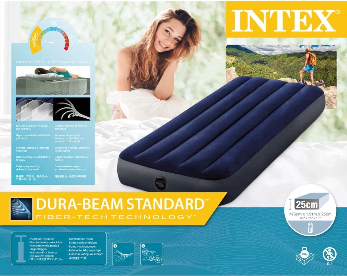 Intex Luchtbedset Intex Luchtbed - 1-Persoons - 76 X 191 X 25 Cm - Blauw + Intex Elektrische Pomp - 650 Liter/min + Hoeslaken Antraciet + Reparatieset - Afbeelding 6
