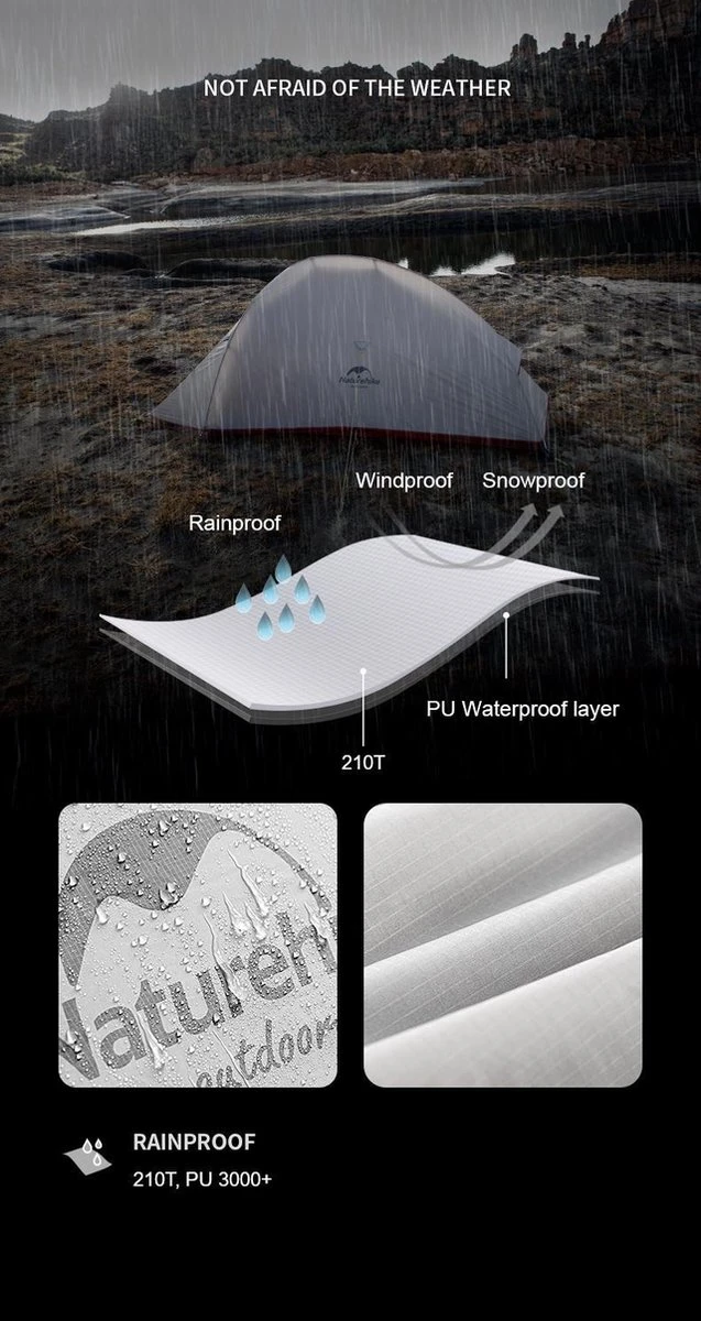 Cloud Up 1 Upgraded - Naturehike® - 1 Persoons Tent - Lichtgewicht Tent - Incl. Grondzeil - 210T 3000mm - Outdoor - Waterdicht - Hiking & Wandelen - Afbeelding 4
